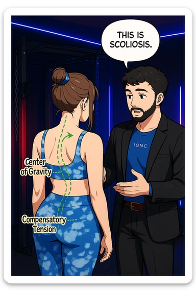 fai questa immagine in versione manga/webtoon a colori, il manga mostra la donna di spalle, mentre l'uomo le tocca la spina dorsale per spiegarle come funziona la scoliosi:
Con una scoliosi il baricentro corporeo cade maggiormente da un lato; per non cadere la schiena compensa accumulando tensione sul fianco opposto.
Il risultato? Si inclina e ruota sempre più, fino a che non cede (discopatie, artrosi, ecc) sticker