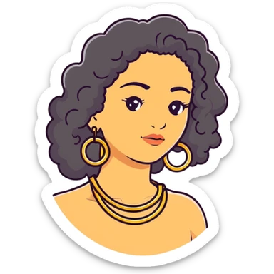 attractive Greek woman with long curly hair and light skin wearing gold hoop earrings and a gold necklace sticker