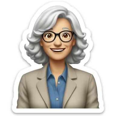 Woman in her 60s, with salt and pepper hair, pale skin, glasses, brown eyes, smiling wearing a blazer, collared shirt,  jeans sticker