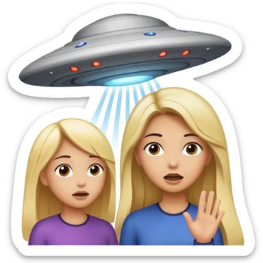 A girl with dark hair and a tan skin and a girl with long blonde hair getting sucked up by a ufo sticker