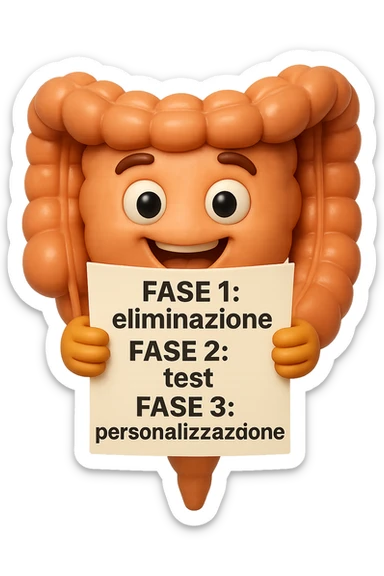 emoji stile iphone 3d di un intestino che tiene in mano un foglio con la scritta "FASE 1: eliminazione, FASE 2: test, FASE 3: personalizzazione, IPERREALISTICO 4K sticker