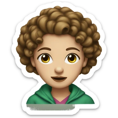 Woman with brown curly hair pinned up with a hairpin, blue eyes, green hoode sticker
