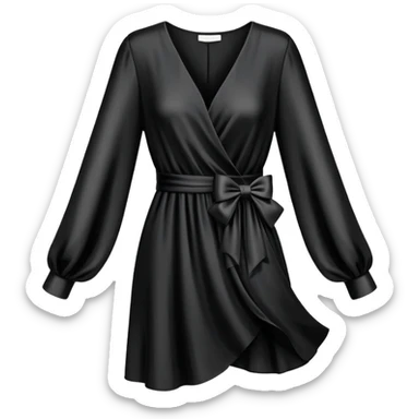 black silk v-neck wrap dress with a bow and long sleeves, isolated sticker