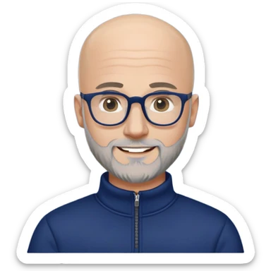 Caucasian man with skin fade haircut (bald on sides fading to short on top), short beard with gray streaks, large black eyeglasses, cheerful expression, navy blue long sleeve sweatshirt with quarter zip sticker