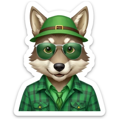 head and shoulders friendly anthropomorphised wolf in green plaid shirt and green attire for St. Patrick's Day, wearing dark sunglasses, festive pose sticker