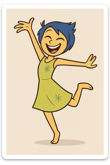 Joy from Inside Out, joyful dancing, bright colors, animated character sticker