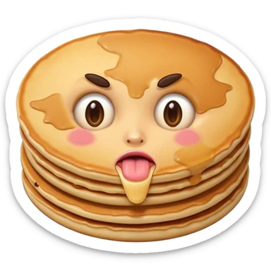 Emoji face with eyebrows raised and tongue out with a shocked expression in front of pancakes sticker