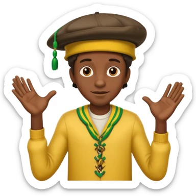 Lanky black guy with hunchback with hands out and Jamaican hat sticker