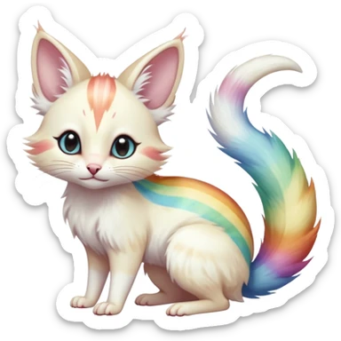  cute adorable white albino fur with random colorful iridescent rainbow markings beautiful elegant pretty precious cute  Fakémon-Pokémon-opossum-feline-serval-caracal-chinchilla-Minccino-hybrid-creature with a big fluffy bushy striped tail (full body) sticker