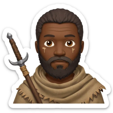 African ancient man, tattered cloth with raw stick weapon, beard and bold sticker