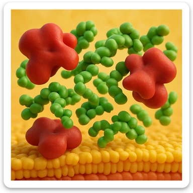 A realistic 3D render and really detailed of enzymes (red) breaking down starch (green) near a cell membrane (yellow). Macro photography style. No labels. sticker
