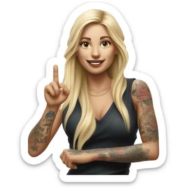 Blonde elegant women with LONG HAIR, her Body Covered with Tattoos, POINTING YOU FORWARD with her HAND with INDEX FINGER, Hyper realistic sticker
