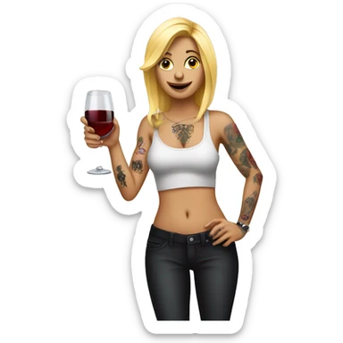 Blonde women in, her body covered with tattoos, wine in her one hand and pointing you with other hand with her pointer finger sticker