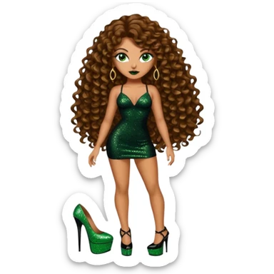Half naked green eyes brown long curly hair woman, gang drug lord mafia boss style with 7 inch platform stripper high heels black glitter dress sticker