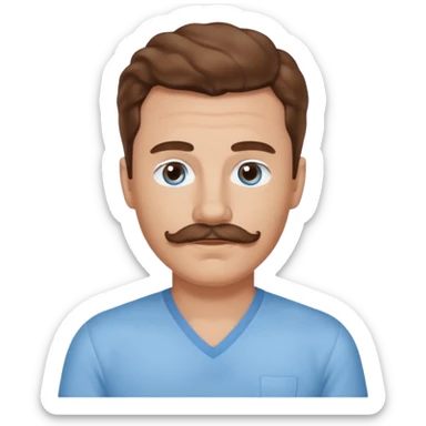 Benson Boone blue eyes, brown wavy hair and mustache, light blue v-neck shirt sticker