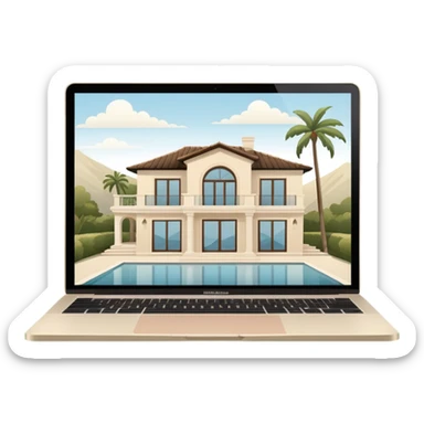 
light beige open macbook sideways with luxury villa on screensaver sticker