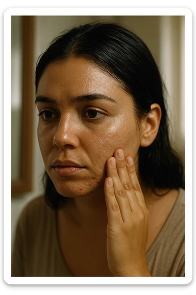 A highly realistic, cinematic close-up portrait of a young woman in her late 20s with medium skin tone, showing visible oily skin and enlarged pores on her cheeks, nose, and forehead. Her skin has a noticeable shiny appearance due to excessive sebum production, and small acne spots are visible along her jawline and chin, indicating hormonal imbalance. Her dark hair appears greasy, clumping in some areas near her scalp, emphasizing unwashed, oily hair due to overactive sebaceous glands caused by PCOS. The woman looks at herself in the mirror with a tired yet hopeful expression, gently touching her cheek with her fingertips as she observes her skin condition. The setting is a softly lit bathroom with natural daylight, and the reflection shows the detail of her skin texture and greasy hair strands. Style: 35mm hyperrealistic film, warm neutral tones with soft depth of field, focusing on the oily skin texture, visible pores, and greasy hair to clearly illustrate the visual symptoms of PCOS. in italiano sticker