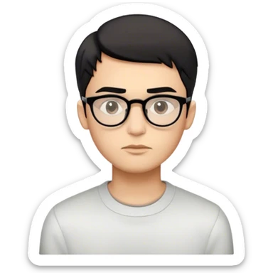 Emoji of a boy with oval face, warm-medium skin tone, sharp jawline, full lips, straight nose, dark expressive eyes, thin arched eyebrows, short black hair styled neatly in the front, clear glasses, and a neutral expression with a slight pout. sticker