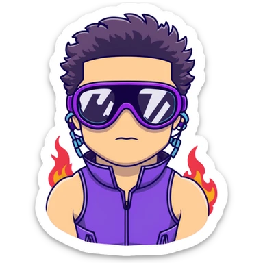 male athlete with white skin and moderately curly black hair on top with shaved sides, wearing ski goggles with purple frames and very dark black lenses, a simple plain black chain necklace, and a completely unzipped sleeveless vest with purple and black sequin fire pattern design, fully revealing his chest, shoulders and arms, no earrings sticker