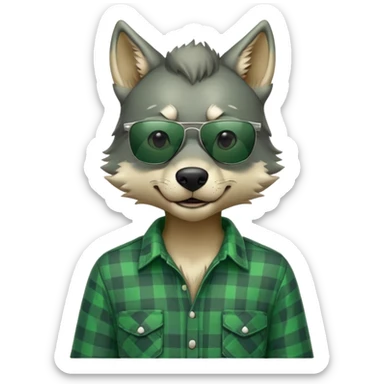 friendly anthropomorphised wolf in green plaid shirt and green attire for St. Patrick's Day, wearing dark sunglasses, upright pose sticker