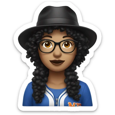 fair skinned woman with black curly hair and Mets hat and glasses sticker