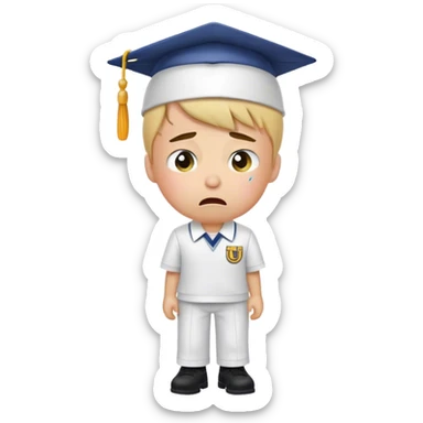 Create an emoji of a student with white skin tone crying. He is wearing a university uniform, including a shirt and pants and hat. The man is visibly upset, with tears streaming down his face. The background should be simple to emphasize his emotional state, conveying the feeling of being overwhelmed with school stress or personal struggles sticker
