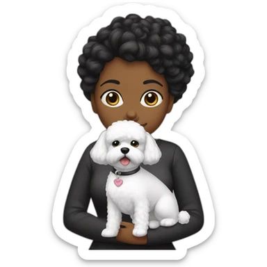 mujer pelo negro con peinado de moño y perro bichon maltés blanco sticker