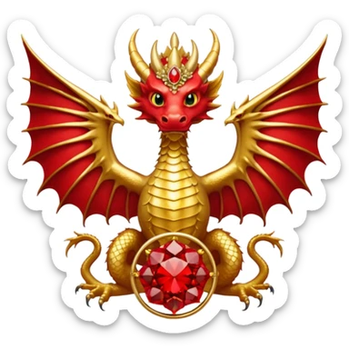 Golden Dragon with wings crest/brosch in a circle with red gems sticker