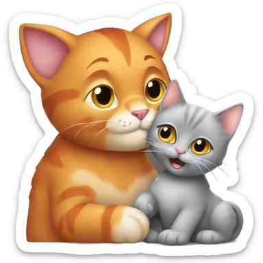 A big red cat kisses a small gray kitty sticker
