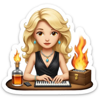 A sketchnote illustration rendered in a strong moody style, featuring a blonde woman with cascading gorgeous hair, a keyboard, a whiskey bottle, a key, a jewelry box, and fire elements against a black background. The lighting is low with low contrast, emphasizing dramatic shadows. sticker