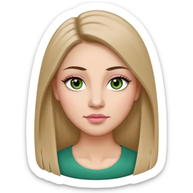 Adult woman avatar, light skin tone, oval face, long straight ash-brown hair, green almond-shaped eyes with dramatic eyelashes and minimal eyeliner, neutral mouth, medium straight eyebrows, small nose, natural pink lips, smooth skin with light natural blush sticker