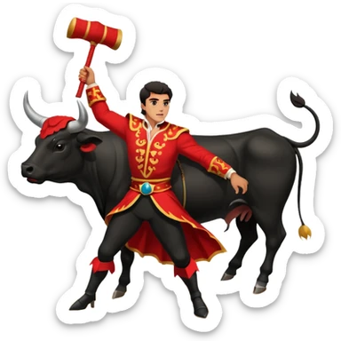 Create a realistic image of a traditional bullfighting scene in a Spanish arena.
Show a bullfighter (matador) HOLDING a red cape (muleta) not wearing one. as a powerful black bull charges toward it. sticker