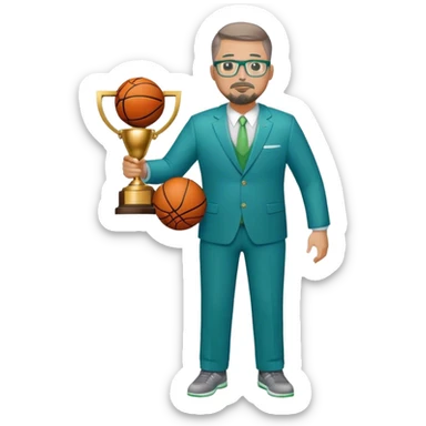 Full Body white plus size man  wearing glasses with a goatee with light brown and gray short hair basketball head Coach in blue and green suit holding trophy sticker