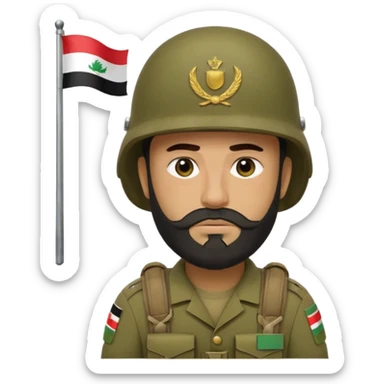 A tired, swarthy Iraqi soldier with a beard, an Iraqi flag on his helmet, a sad expression and bags under his eyes sticker