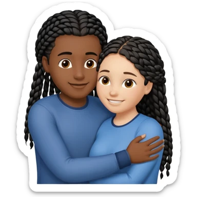 Dark black girl with black braids and tan white boy with curvy straight brown hair, they are hugging and smiling, and touching each other with their hands sticker