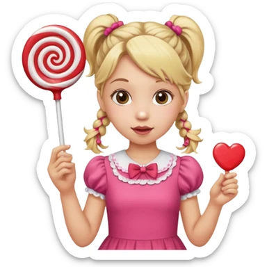 A girl with blond pigtails in a pink dress holding a lollipop sticker