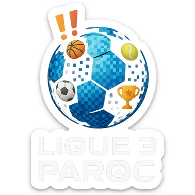 Le logo présente un ballon de football moderne, stylisé en forme de globe digital composé de petits pixels ou emojis sportifs, symbolisant l’alliance entre sport et numérique. Deux points d’exclamation "!!" dynamiques, en biais et colorés, sont placés en haut à gauche du ballon comme un emblème, évoquant l’intensité et l’enthousiasme de la ligue.

En dessous, le nom "Ligue 3 Paroc" est écrit en lettres audacieuses, avec une typographie sportive mais légèrement futuriste. Le mot "Paroc" est accompagné de son emblème discret (ex. : une petite montagne ou vague, selon l'identité visuelle de Paroc Sport). sticker
