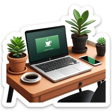 A tidy desk with a laptop, a steaming cup of coffee, and a small green potted plant, showing an organized and inspiring workspace sticker