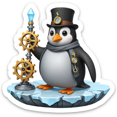 a steampunk engineer penguin fixing a complex gears system on top of an iceberg sticker