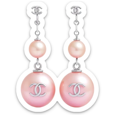3D emoji-style pink pearl drop earrings with a small silver Chanel logo charm, elegant sticker