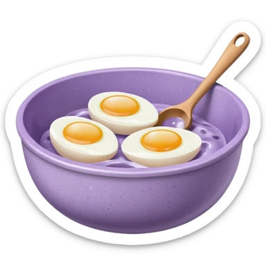 a lilac ceramic mixing bowl with a wooden spoon stirring and sitting next to it is a few eggs sticker