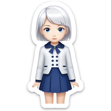 Create image A cute little girl. Silver white short hair, navy blue and white modren dress with a very elegant coat and very short skirt, Blue eyes, Anime style.

 sticker