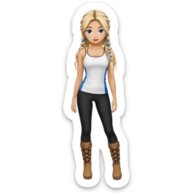Blonde balayage  With highlights long hair half braids women with blue eyes wearing White Spaghetti top and black Leggins and Boots with heels sticker
