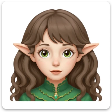 A young woman with medium length brunette wavy hair, with curtain bangs. Has pale ivory skin, rosy cheeks, and has freckles dusting the cheeks and nose. Has hazel green/gray eyes, and long elf ears. sticker