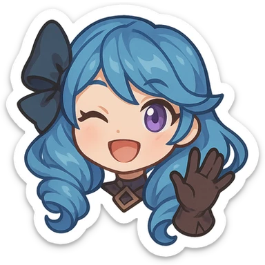 chibi style Gwen from League of Legends, only head, right eye purple, one hand waving with glove, smiling and energetic sticker