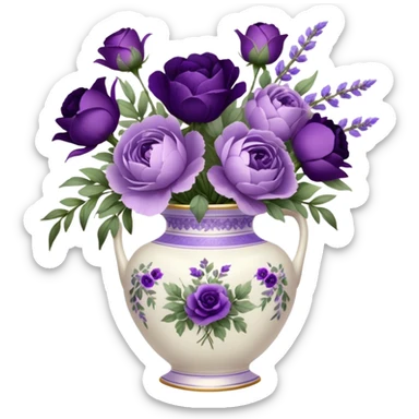 A dainty porcelain vase, hand-painted with delicate lavender pansies and deep purple roses, holds an elegant bouquet of amethyst-hued peonies, fragrant sprigs of wild lavender, and trailing silk ribbons, with a tiny heart-shaped charm dangling from its neck, swaying gently in the evening breeze.
 sticker