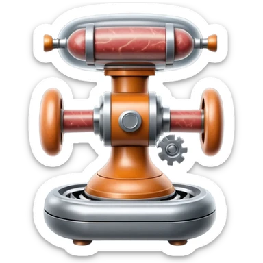 sausage-processing droid. retro-futuristic style. top is a circular industrial meat grinder with rotating gears and blades. Two robotic arms feed material into grinder. Sausage links extrude from the rear like  factory. The body is metallic, compact, and floats above the ground.no legs. Dark humor sticker