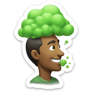 Very satisfied looking smiling man taking a deep sniff of green cloud sticker