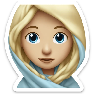 Blonde girl with light blue eyes wrapped in a blanket with head sticker