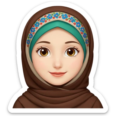 Turkish beautiful finish Konya girl brown eyes white skin with red blue green mini flowers hijab and brown islamic dress and smiles sticker